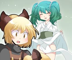  3girls bad_id bad_pixiv_id blonde_hair blush bow closed_eyes fundoshi green_hair hairbow hammer_(sunset_beach) japanese_clothes kisume kurodani_yamame long_sleeves multiple_girls open_mouth ponytail short_hair touhou twintails yellow_eyes 