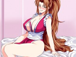  bed blush breasts brown_hair cleavage king_of_fighters large_breasts long_hair ponytail shiranui_mai sitting smile solo thighhighs very_long_hair yellow_eyes 