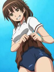  awa bracelet breasts brown_eyes brown_hair clothes_lift female grin jewelry kamogawa_girls&#039;_high_school_uniform kyouno_madoka medium_breasts one-piece_swimsuit rinne_no_lagrange school_swimsuit school_uniform skirt skirt_lift smile solo swimsuit swimsuit_under_clothes 