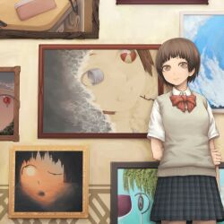  :| aircraft arms_behind_back ball beach beachball bird bow brown_eyes brown_hair bucket closed_mouth commentary female highres hot_air_balloon oekaki_musume optical_illusion original painting_(object) school_uniform short_hair skirt solo sweater_vest yajirushi_(chanoma) 