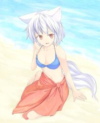  beach bikini blue_bikini breasts cleavage commentary_request female inubashiri_momiji kokutei_n medium_breasts midriff navel no_headwear open_mouth photoshop_(medium) red_eyes short_hair solo swimsuit touhou white_hair 