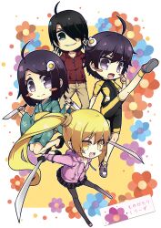  1boy 3girls araragi_karen araragi_koyomi araragi_tsukihi black_hair blonde_hair blush_stickers chibi commentary_request egg_hair_ornament food-themed_hair_ornament hair_ornament kiss-shot_acerola-orion_heart-under-blade knife kouji_(campus_life) long_hair monogatari_(series) multiple_girls oshino_shinobu pantyhose photoshop_(medium) pointy_ears ponytail purple_eyes sword teenage weapon yellow_eyes 