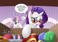  blue_eyes dialogue duo english_text equid equine eyewear female feral friendship_is_magic fur glasses green_eyes hair hasbro horn mammal muffinshire my_little_pony mythological_creature mythological_equine mythology purple_hair rarity_(mlp) scissors sweetie_belle_(mlp) text unicorn white_body white_fur young young_feral 