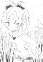  banned_artist greyscale hair_ribbon jacket long_hair mahou_shoujo_madoka_magica monochrome moritan ponytail pulled_by_self ribbon sakura_kyouko short_shorts shorts shorts_pull solo 