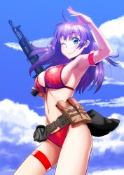  ak-105 armpits assault_rifle bad_id bad_pixiv_id belt bikini breasts cloud day female green_eyes gun hammer_and_sickle hammer_and_sickle_bikini large_breasts long_hair loose_belt navel one_eye_closed original photoshop_(medium) purple_hair red_bikini rifle sky solo soviet swimsuit thigh_strap utility_belt weapon yamamoto_nanashiki 