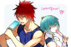  1boy aquarion_(series) aquarion_evol back-to-back breasts cleavage cleavage_cutout clothing_cutout commentary_request female food green_hair hair_ribbon kagura_demuri medium_breasts mogutanabe popsicle purple_eyes red_hair ribbon short_hair zessica_wong 