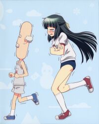  1boy =_= absurdres bald blue_background blush buruma facial_hair female green_hair gym_shorts gym_uniform hidamari_sketch highres itou_yoshiaki kneehighs long_hair moustache official_art old old_man open_mouth principal_(hidamari_sketch) running scan shoes short_sleeves shorts sneakers socks trembling wavy_mouth white_legwear yoshinoya_(hidamari_sketch) 