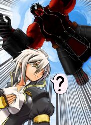  1boy ? android bad_id bad_pixiv_id belt black_hair blazblue blazblue:_chronophantasma breasts bullet_(blazblue) colored_skin cyborg dark_skin emphasis_lines female fingerless_gloves from_below gauntlets glasses gloves hair_over_one_eye highres iron_tager jacket kurenai_ki_tofu_sakusha large_breasts mechanical_arms multicolored_hair muscular oversized_limbs paper red_skin short_hair speech_bubble sunglasses two-tone_hair white_hair yellow_eyes 