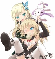  2girls alternate_legwear blonde_hair blue_eyes boku_wa_tomodachi_ga_sukunai butterfly_hair_ornament commentary_request dress frills goribote hair_ornament hairband hasegawa_kobato kashiwazaki_sena lolita_fashion lolita_hairband long_hair multiple_girls oerba_yun_fang one_eye_closed school_uniform smile st._chronica_academy_school_uniform stuffed_animal stuffed_rabbit stuffed_toy tears thighhighs two_side_up 