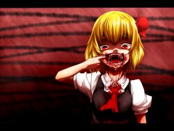  blonde_hair blood bow commentary_request darkness fangs female finger_in_own_mouth hair_ribbon hairbow mouth_pull open_mouth red_eyes ribbon rumia short_hair short_sleeves solo touhou yuuki_(yukigeshou_hyouka) 