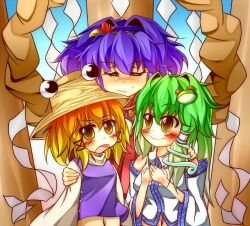  3girls bad_id bad_pixiv_id blonde_hair blue_hair blush closed_eyes daidai_ookami detached_sleeves frog_hair_ornament gradient_hair green_hair hair_ornament hair_tubes hat kochiya_sanae leaf long_hair long_sleeves maple_leaf moriya_suwako multicolored_hair multiple_girls navel open_mouth purple_hair rope shimenawa short_hair smile snake_hair_ornament touhou wide_sleeves yasaka_kanako yellow_eyes 