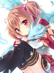  animal animal_on_shoulder armor black_thighhighs blush breastplate brown_hair commentary_request feathers female fingerless_gloves gloves highres looking_at_viewer pina_(sao) red_eyes senoo_aoi short_twintails silica skirt smile solo sword_art_online thighhighs twintails white_background 