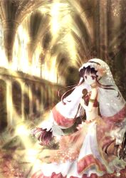  architecture armlet bad_id bad_pixiv_id bare_shoulders chize choker church dancer female gothic_architecture harem_outfit indoors instrument light_rays long_hair looking_at_viewer lyre midriff original profile purple_eyes purple_hair solo sunbeam sunlight veil very_long_hair 