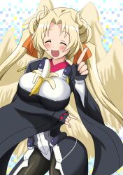  angel angel_wings anison banana black_legwear blonde_hair bodysuit breasts closed_eyes female female food fruit highres kyoukai_senjou_no_horizon kyoukaisenjou_no_horizon large_breasts margot_knight pantyhose solo wings 