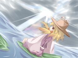  bad_id bad_pixiv_id blonde_hair cloud daidai_ookami female hat highres light lily_pad long_sleeves looking_back moriya_suwako open_mouth pyonta short_hair sitting solo touhou water wide_sleeves yellow_eyes 