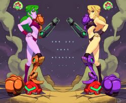  2girls alex_ahad alien alternate_color arm_cannon armor assault_visor bare_shoulders bikini blonde_hair blue_eyes boots breasts colored_skin commentary dual_persona english_commentary english_text from_side full_body gravity_suit_(metroid) greaves green_eyes green_hair green_visor halterneck hand_on_own_hip helmet highres impossible_clothes justin_bailey knee_boots long_hair looking_at_viewer medium_breasts metroid metroid_(classic) metroid_(creature) monster multiple_girls narrow_waist navel outdoors pauldrons photoshop_(medium) purple_skin samus_aran science_fiction serious shoulder_armor signature smoke sports_bikini standing super_metroid swimsuit symmetry turtleneck unworn_headwear unworn_helmet varia_suit weapon wristband 