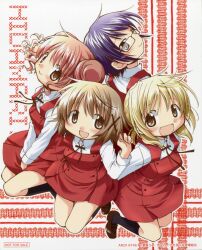  4girls :d absurdres aoki_ume blonde_hair blue_hair blush brown_hair double_bun hair_bun hair_ornament hairclip hidamari_sketch highres hiro_(hidamari_sketch) looking_at_viewer miyako_(hidamari_sketch) multiple_girls official_art open_mouth pink_hair sae_(hidamari_sketch) scan school_uniform short_hair sitting smile yuno_(hidamari_sketch) 