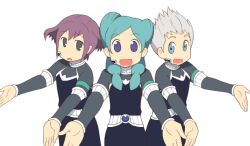  2boys alpha_(inazuma_eleven) aqua_hair arawi_keiichi_(style) bad_id bad_pixiv_id beta_(inazuma_eleven) blue_eyes female gamma_(inazuma_eleven) hyadain_no_kakakata_kataomoi_-_c inazuma_eleven_(series) inazuma_eleven_go inazuma_eleven_go_chrono_stone long_hair mio_(jian_wei) multiple_boys nichijou no_pupils open_mouth parody protocol_omega purple_eyes purple_hair short_hair simple_background spiked_hair style_parody white_background white_hair 