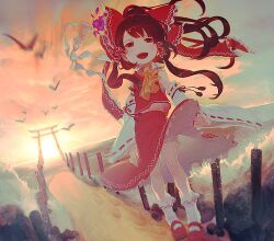  ascot black_hair bow detached_sleeves female hair_tubes hairbow hakurei_reimu ocean okari open_mouth red_bow red_eyes smile solo sunset torii touhou waves wind 