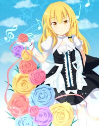  ashino blonde_hair blue_flower blue_rose braid commentary_request curiosities_of_lotus_asia female flower gloves hat kirisame_marisa long_hair pink_flower pink_rose puffy_sleeves purple_flower purple_rose red_flower red_rose rose short_sleeves side_braid single_braid smile solo touhou unworn_hat unworn_headwear yellow_eyes yellow_flower yellow_rose 