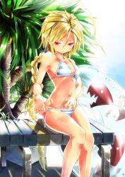  ahoge bad_id bad_pixiv_id bench bikini blazblue blonde_hair braid breasts chatsubo_(yaba-yaba) dead_spike female highres huge_ahoge innertube knees_together_feet_apart lambda-11 long_hair medium_breasts palm_tree photoshop_(medium) red_eyes shiny_skin side-tie_bikini_bottom sideboob single_braid sitting solo striped_bikini striped_clothes sunlight swim_ring swimsuit thighs tree untying very_long_hair 