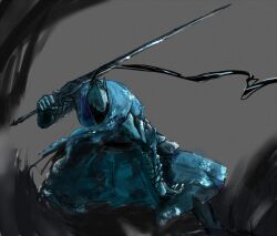  1boy armor artorias_the_abysswalker commentary_request damaged dark_souls_(series) dark_souls_i full_armor gauntlets helmet knight male_focus plume shibafu_no_atama squatting sword weapon 