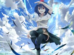  :d aerokinesis black_hair black_thighhighs commentary_request feathers female hat hidaka_kouyou highres looking_at_viewer open_mouth shameimaru_aya short_hair skirt smile solo thighhighs tokin_hat touhou wind 