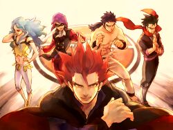  4boys black_hair blue_hair bruno_(pokemon) cape commentary_request female japanese_clothes karen_(pokemon) koga_(pokemon) lance_(pokemon) long_hair mask midriff multiple_boys ninja pants parted_bangs pokemon pokemon_hgss purple_hair red_hair scarf shirt smile tom5 vest wavy_hair will_(pokemon) 