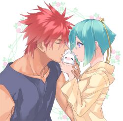  1boy aquarion_(series) aquarion_evol blush closed_eyes commentary_request female green_hair hair_ribbon hood hoodie imminent_kiss kagura_demuri mogutanabe purple_eyes red_hair ribbon short_hair shush_(aquarion_evol) zessica_wong 