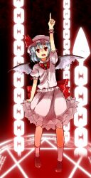  arm_up back_bow bat_wings black_background blue_hair bow bowtie chains commentary_request female full_body hat hat_ribbon hexagram highres looking_at_viewer magic_circle medium_skirt mini_wings miserable_fate open_mouth outstretched_arms outstretched_hand photoshop_(medium) pink_hat pink_shirt pink_skirt pointing pointing_up puffy_short_sleeves puffy_sleeves red_bow red_bowtie red_eyes remilia_scarlet ribbon shirt short_hair short_sleeves simple_background skirt skirt_set solo spell_card suzuki_natsume teeth touhou upper_teeth_only wings wrist_cuffs yellow_gemstone 