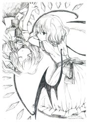  2girls ascot bat_wings closed_eyes dress flandre_scarlet graphite_(medium) greyscale highres lying monochrome multiple_girls no_headwear okari on_back on_stomach remilia_scarlet scan siblings side_ponytail sisters sleeping touhou traditional_media wings 