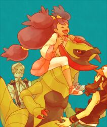  1boy 2girls aqua_background baseball_cap beard big_hair brown_hair carrying dark-skinned_female dark_skin drayden_(pokemon) facial_hair hat haxorus hilda_(pokemon) ikra_(katacoly) iris_(pokemon) leggings long_hair multiple_girls pokemon pokemon_(creature) pokemon_bw riding riding_pokemon sitting surprised very_long_hair white_legwear 