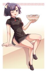  ;d arm_support black_hair border bowl china_dress chinese_clothes commentary_request dress e20 female food holding kamaboko kami_nomi_zo_shiru_sekai looking_at_viewer meandros narutomaki noodles one_eye_closed open_mouth ponytail purple_eyes ramen short_hair sitting smile solo uemoto_sumire white_border 