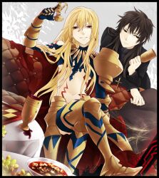  2girls alcohol bad_id bad_pixiv_id blonde_hair breasts brown_eyes brown_hair chalice chess_piece commentary_request cross cross_necklace crossed_legs cup fate/zero fate_(series) food genderswap_(mtf) gilgamesh_(fate) jewelry kotomine_kirei kyo_zip long_hair mapo_tofu medium_breasts multiple_girls necklace red_eyes rule_63 sitting thighhighs torn_clothes underboob weapon wine 