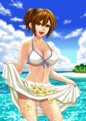  :d alternate_hairstyle beach bikini bikini_top_only blue_sky breasts brown_eyes brown_hair clothes_lift cloud commentary_request cowboy_shot day female flower front-tie_bikini_top front-tie_top hair_between_eyes hamura_mayu happy high_ponytail large_breasts legs looking_at_viewer meiko_(vocaloid) nail_polish navel ocean open_mouth outdoors pink_lips plumeria ponytail project_diva_(series) project_diva_f red_nails sarong sarong_lift short_hair skirt_basket sky smile solo standing summer_idol_(vocaloid) swimsuit swimwear_(module) thighs tree vocaloid wading wet white_bikini white_sarong 