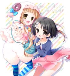  2girls :d animal_costume bag black_hair blush brown_hair character_name commentary_request cosplay diagonal_stripes hair_ornament ichihara_nina idolmaster idolmaster_cinderella_girls kigurumi looking_at_viewer multiple_girls open_mouth rabbit_hair_ornament sasai_saji sasaki_chie sheep_costume short_hair skirt smile striped_background striped_clothes striped_thighhighs thighhighs v yellow_eyes 