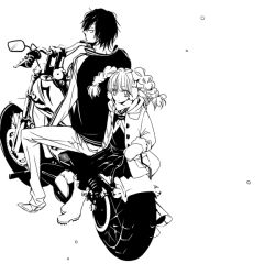  1boy bad_id bad_pixiv_id braid contemporary date_masamune_(sengoku_basara) female gloves greyscale itsuki_(sengoku_basara) jacket long_hair monochrome motor_vehicle motorcycle multiple_riders school_uniform sengoku_basara serafuku shitomi short_hair sidesaddle twin_braids twintails 