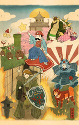  3boys arm_cannon armor bad_deviantart_id bad_id bowser canine castle castle_(mario) cherry_blossoms cloud facial_hair fangs female fine_art_parody fire goomba hakama hakama_pants hat highres hylian_shield japanese_armor japanese_clothes kataginu katana kimono kiseru koopa_paratroopa koopa_troopa kote kusazuri link mario mario_(series) marirosa master_sword mega_man_(character) mega_man_(classic) mega_man_(series) moustache multiple_boys mushroom navi nihonga pants parody piranha_plant princess_peach princess_peach&#039;s_castle rising_sun_flag rush_(mega_man) samurai sandals shield shinsengumi shoulder_armor smoking_pipe sode spikes stone_lantern sun sunburst suneate super_mushroom super_star_(mario) sword the_legend_of_zelda toad_(mario) triforce ukiyo-e warp_pipe weapon wings 