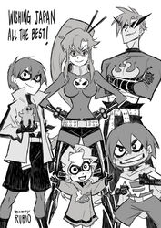  2011_sendai_earthquake_and_tsunami 2girls 3boys belt bobby_rubio boota_(ttgl) commentary crossed_arms darry_adai elbow_gloves english_commentary gimmy_adai gloves greyscale grin hands_on_own_hips kamina_(ttgl) mask monochrome multiple_boys multiple_girls official_art parody photoshop_(medium) ponytail simon_(ttgl) smile studded_belt sunglasses superhero_costume tengen_toppa_gurren_lagann the_incredibles thighhighs yoko_littner 