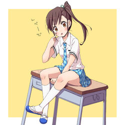  :p akanbe bad_id bad_pixiv_id blush brown_eyes brown_hair chika_(orange_pop) desk eyelid_pull female futami_mami idolmaster idolmaster_(classic) long_hair necktie plaid plaid_skirt rough_time_school_(idolmaster) school_uniform shoes side_ponytail sitting skirt socks solo tongue tongue_out uwabaki 