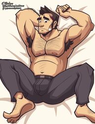  1boy balls bandaid bandaid_on_face bara barefoot body_hair brown_eyes brown_hair bulge capcom cartoony chin_pubes dick_gumshoe facial_hair feet gay gyakuten_saiban hufpup human male male_nipples male_only muscles muscular_male pecs penis_bulge shirtless solo spread_legs topless 