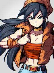  android android_22_(figmentsaint) bandana bandeau belt belt_buckle black_hair blue_eyes breasts brown_belt buckle cleavage commission dragon_ball english_commentary female gold_choker kemachiku long_hair low_twintails midriff orange_arm_warmers orange_bandana orange_bandeau orange_vest original red_ribbon_army second-party_source skeb_commission sleeveless small_breasts strapless tube_top twintails very_long_hair vest 