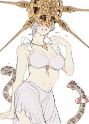  animal bare_shoulders bikini blush breasts dark_souls_(series) dark_souls_i dark_sun_gwyndolin female genderswap_(mtf) gold_headwear grey_hair hat helmet highres innertube navel rule_63 short_hair simple_background snake solo spiked_helmet spiked_necklace stomach swim_ring swimsuit white_background white_bikini zunkome 