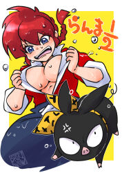  anger_vein blue_eyes blue_pants border braid breasts cleavage collared_shirt female furrowed_brow hair_between_eyes highres large_breasts long_hair neckerchief open_clothes open_mouth open_shirt p-chan pants pig ranma-chan ranma_1/2 red_hair red_shirt shikiwo shirt signature single_braid sweat sweatdrop white_border yellow_background yellow_neckerchief 