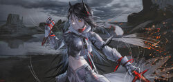  absurdres arknights bare_shoulders black_hair breasts demon_horns dress female highres holding holding_sword holding_weapon horns ines_(arknights) ines_(under_the_flaming_dome)_(arknights) jacket long_hair looking_at_viewer mackia medium_breasts multiple_girls parted_bangs red_ribbon ribbon shirt solo stomach sword very_long_hair weapon yellow_eyes 