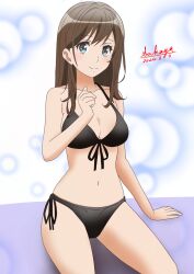  arm_support bare_arms bare_shoulders bikini black_bikini blue_eyes breasts brown_hair cleavage closed_mouth collarbone commentary_request dated female front-tie_bikini_top front-tie_top hair_between_eyes halterneck hibike!_euphonium kuroe_mayu long_hair looking_at_viewer medium_breasts navel revision sakayaya side-tie_bikini_bottom signature sitting smile solo string_bikini swimsuit white_background 