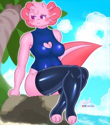  2024 4:5 :3 amphibian anthro artxol axolotl beach blush blush_lines breasts cherry_(artxol) clothed clothing cloud day digital_drawing_(artwork) digital_media_(artwork) embarrassed female flustered fur hair heart_symbol hi_res highlights_(coloring) latex latex_clothing latex_legwear latex_skinsuit latex_stockings legwear looking_away marine mole_salamander outside palm_tree paws pink_body pink_hair plant purple_eyes rock salamander sand sitting skinsuit sky solo stockings swimwear tail thick_thighs tight_clothing tree water 