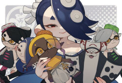  big_man_(splatoon) blue_hair blue_shawl breasts callie_(splatoon) cephalopod_eyes character_doll chest_sarashi closed_mouth collarbone commentary_request doll female film_grain frye_(splatoon) hair_over_one_eye hairband highres holding holding_doll horizontal_pupils looking_at_viewer marie_(splatoon) medium_hair midriff octoling one_eye_covered prat_rat red_eyes sarashi see-through see-through_shawl shawl shiver_(splatoon) small_breasts smile solo splatoon_(series) splatoon_3 suction_cups tentacle_hair upper_body white_hairband 