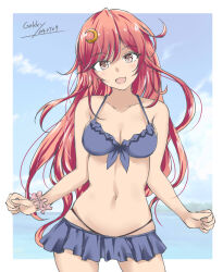  alternate_breast_size artist_name bikini bikini_skirt blue_sky breasts cleavage cloud crescent crescent_hair_ornament dated female frilled_bikini frills gakky grey_bikini hair_ornament highres kantai_collection long_hair medium_breasts one-hour_drawing_challenge pink_scrunchie red_hair scrunchie sky smile solo swimsuit uzuki_(kancolle) wrist_scrunchie yellow_eyes 