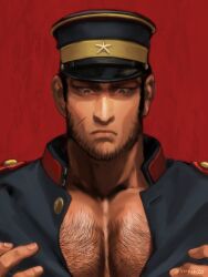  1boy bara beard_stubble black_hair buzz_cut facial_hair facing_viewer golden_kamuy hat kepi large_pectorals long_sideburns looking_down male_focus mature_male military_hat military_uniform muscular muscular_male nopinzo pectorals short_hair sideburns solo straight-on stubble tanigaki_genjirou thick_chest_hair thick_eyebrows uniform upper_body very_short_hair 